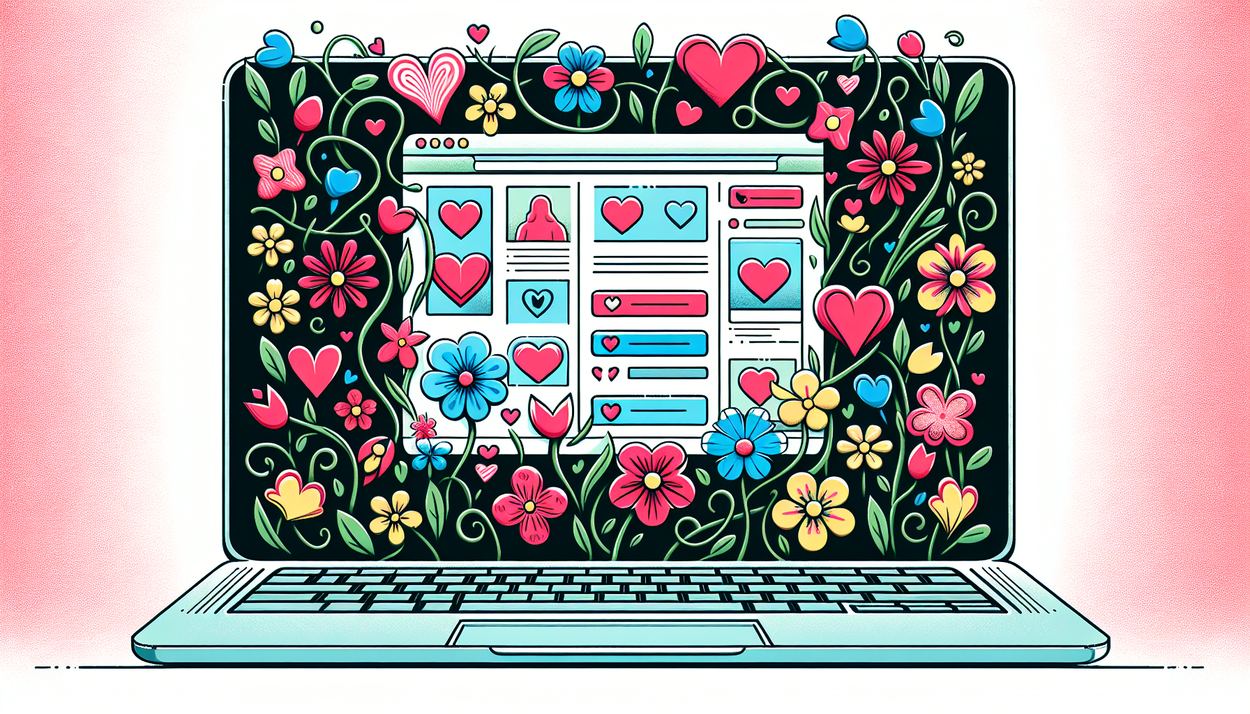 FrÃ¼hlingsblumen und Herzformen auf einem Laptopbildschirm