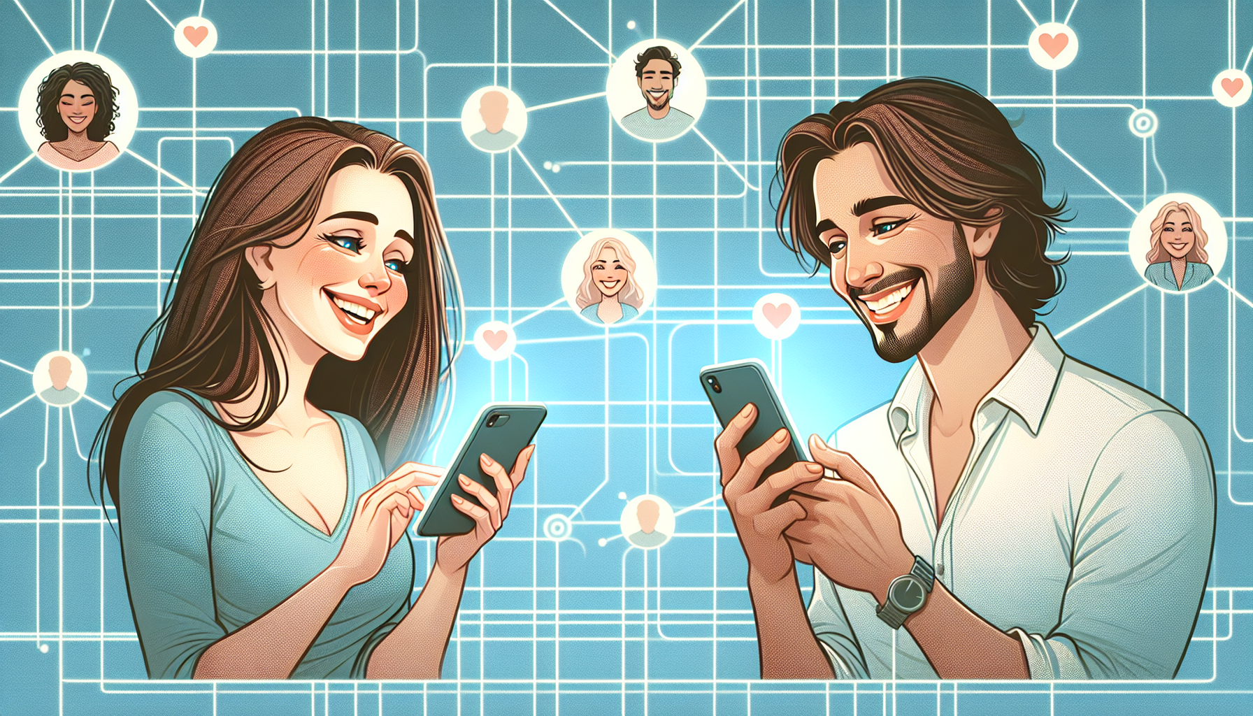 Illustration von einem Paar, das sich durch eine Dating-App kennengelernt hat