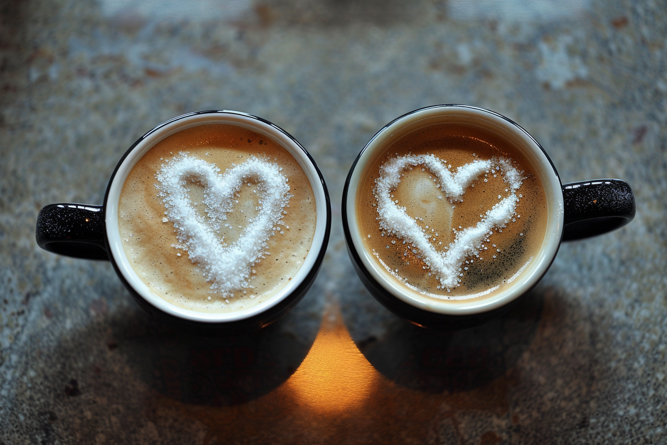 Zwei Tassen Kaffee mit Herzen aus Zucker